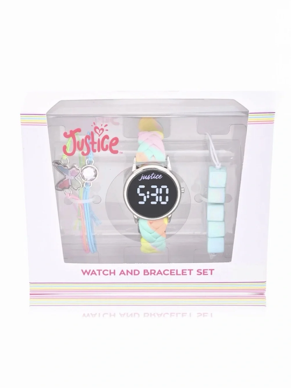 Justice Watch Set with Matching Braided Strap and Butterfly Bracelet - 4 Piece